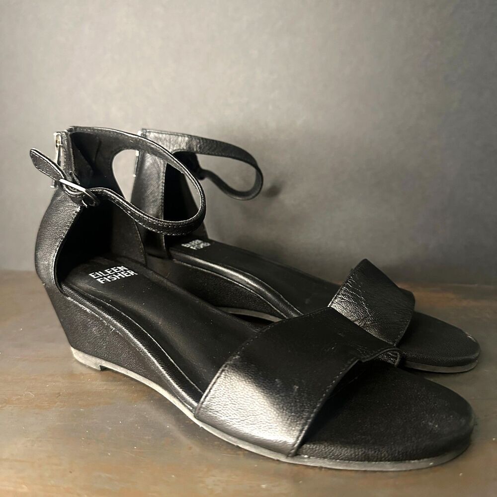 Eileen Fisher Mara Sandals 6 Wedge Comfort Minimalist Casual Office Modern Black